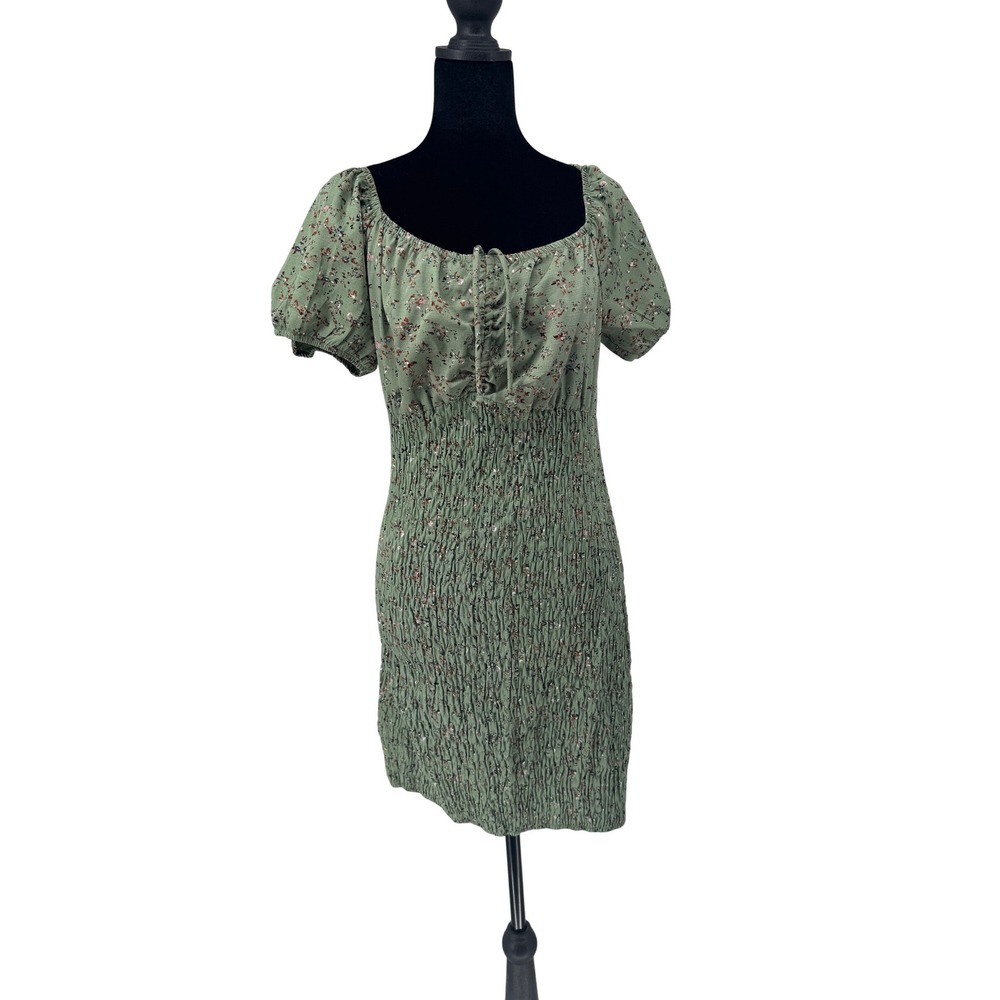 Stylehouse Dress Womens XL Olive Green New Floral Smocked Puff Sleeve Mini 3220
